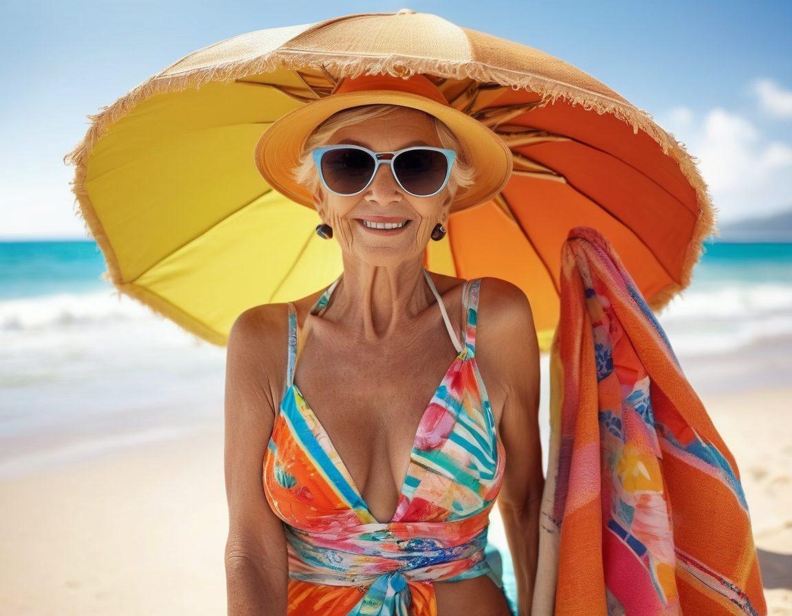 A stylish elderly woman confidently modeling a chic two-piece swimsuit on a sunny beach. She is accessorized with fashionable sunglasses and a wide-brimmed hat, surrounded by vibrant beach umbrellas and colorful towels. The scene conveys joy and self-love, representing modern seniors embracing their sensuality. The composition is warm and inviting with bright summer colors. super-realistic. vibrant colors. beach setting.